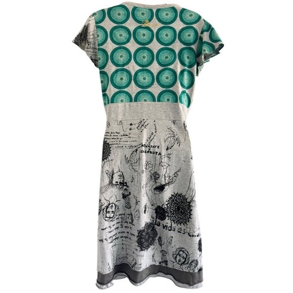 Desigual Woman's Sz M Gray Silver Turquoise Abstract Print V Neck Dress - Picture 3 of 10